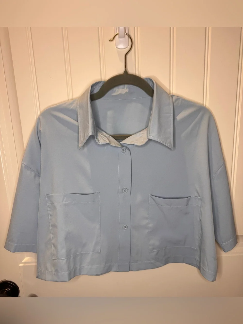 Light Blue Cropped Button-Up Shirt - Women Tops Medium - Picture 7 of 9